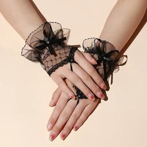 Gothic Victorian Lolita EGL Vampire Black Lace Ruffle & Bow Gloves